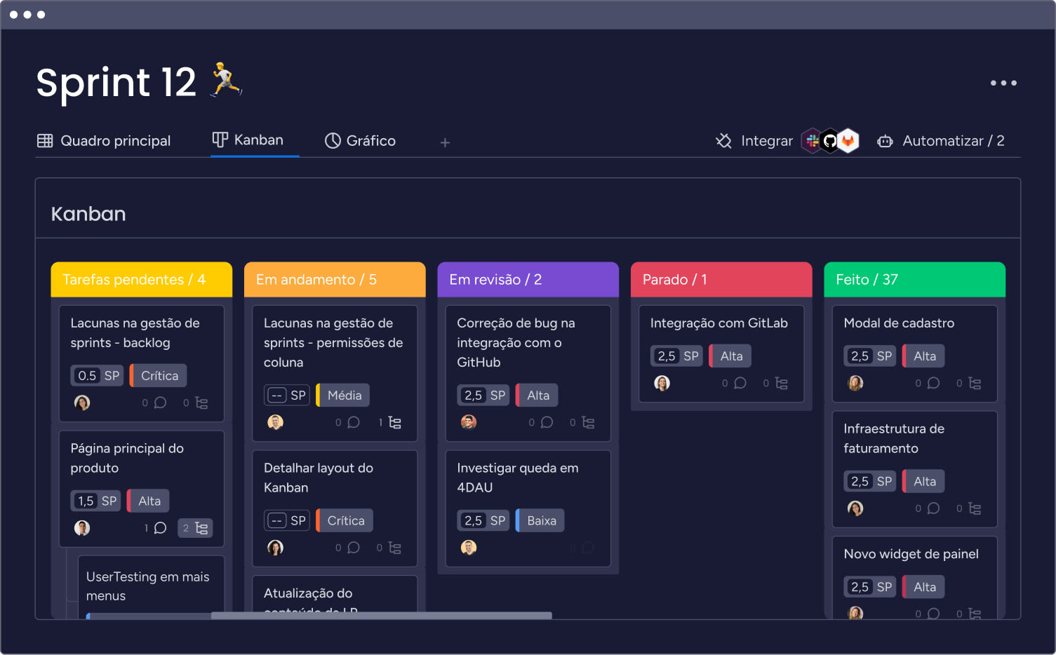 Quadro Kanban no monday dev