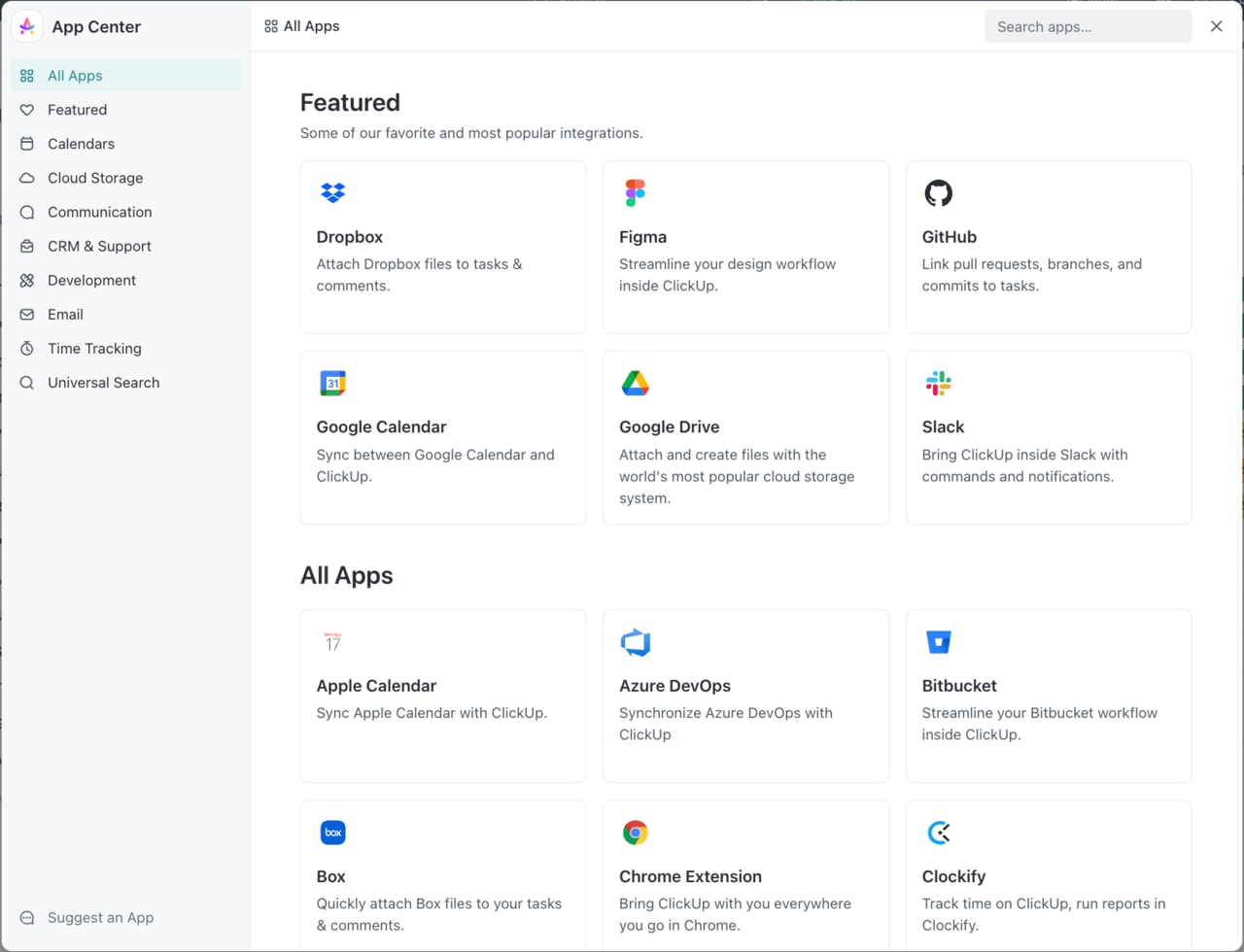 List of ClickUp's integrations when comparing Jira vs. ClickUp