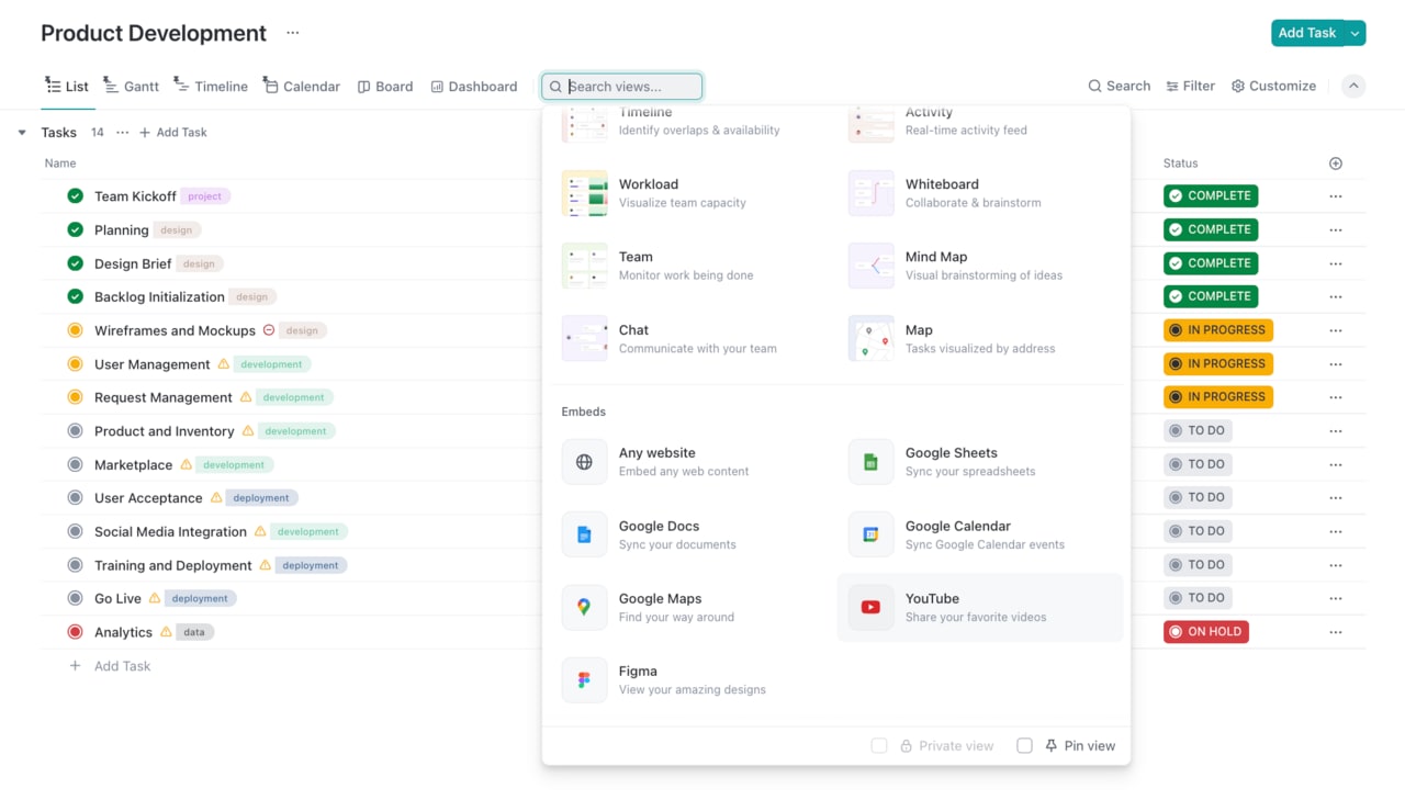 Jira Vs. ClickUp. List of ClickUp integrations including workload and whiteboard. Also shows a task list with status.