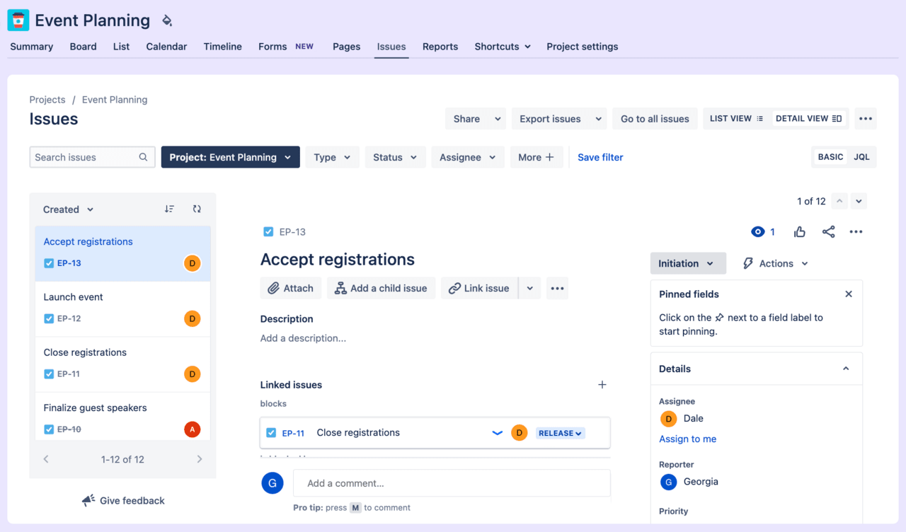 A screenshot of Jira's interface when comparing Jira vs. ClickUp