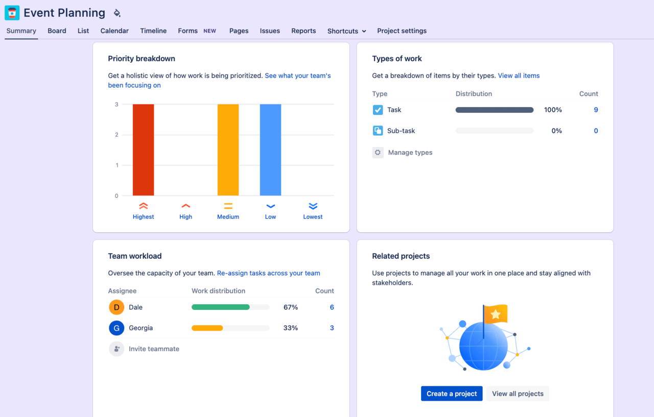 A list of reporting features in Jira when comparing Jira vs. Clickup.