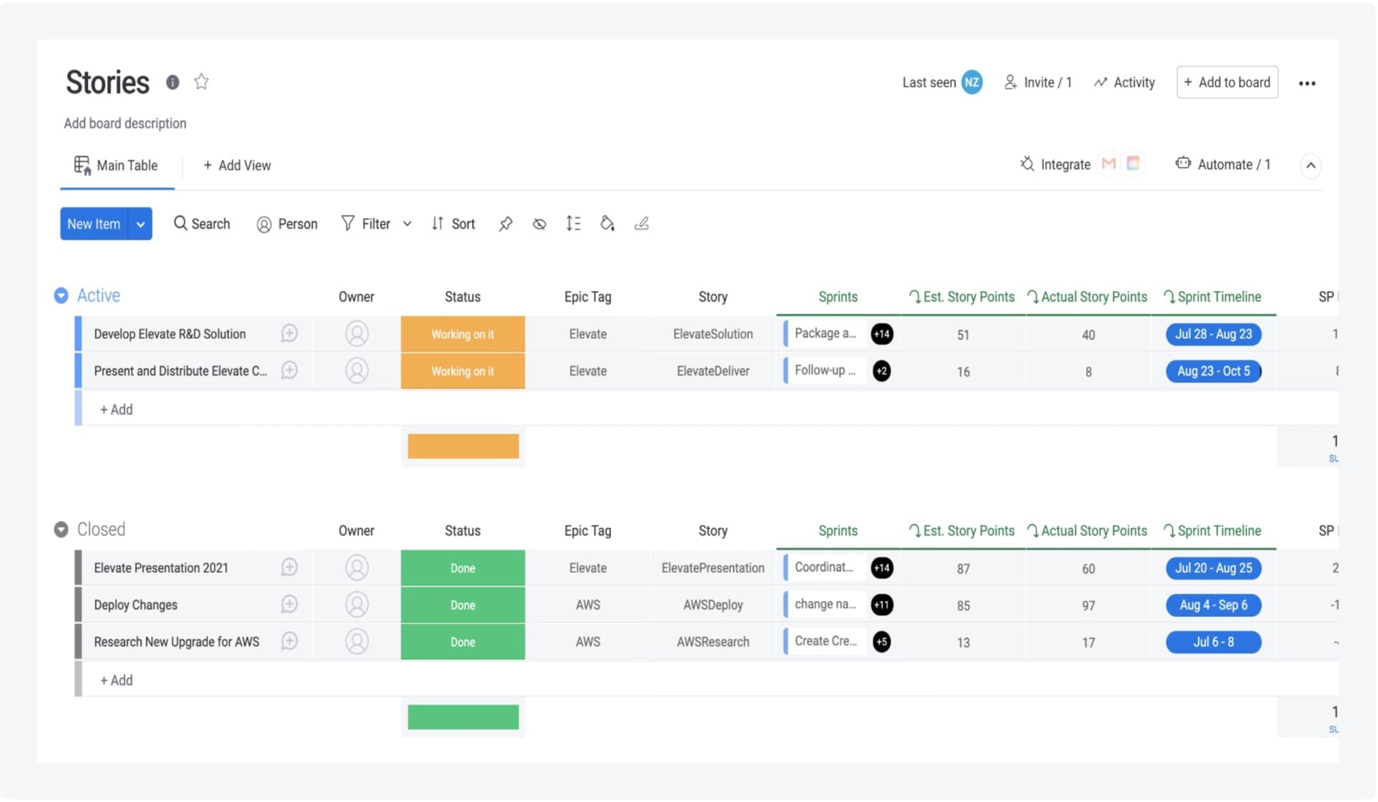 Modèle de roadmap produit Agile sur monday dev