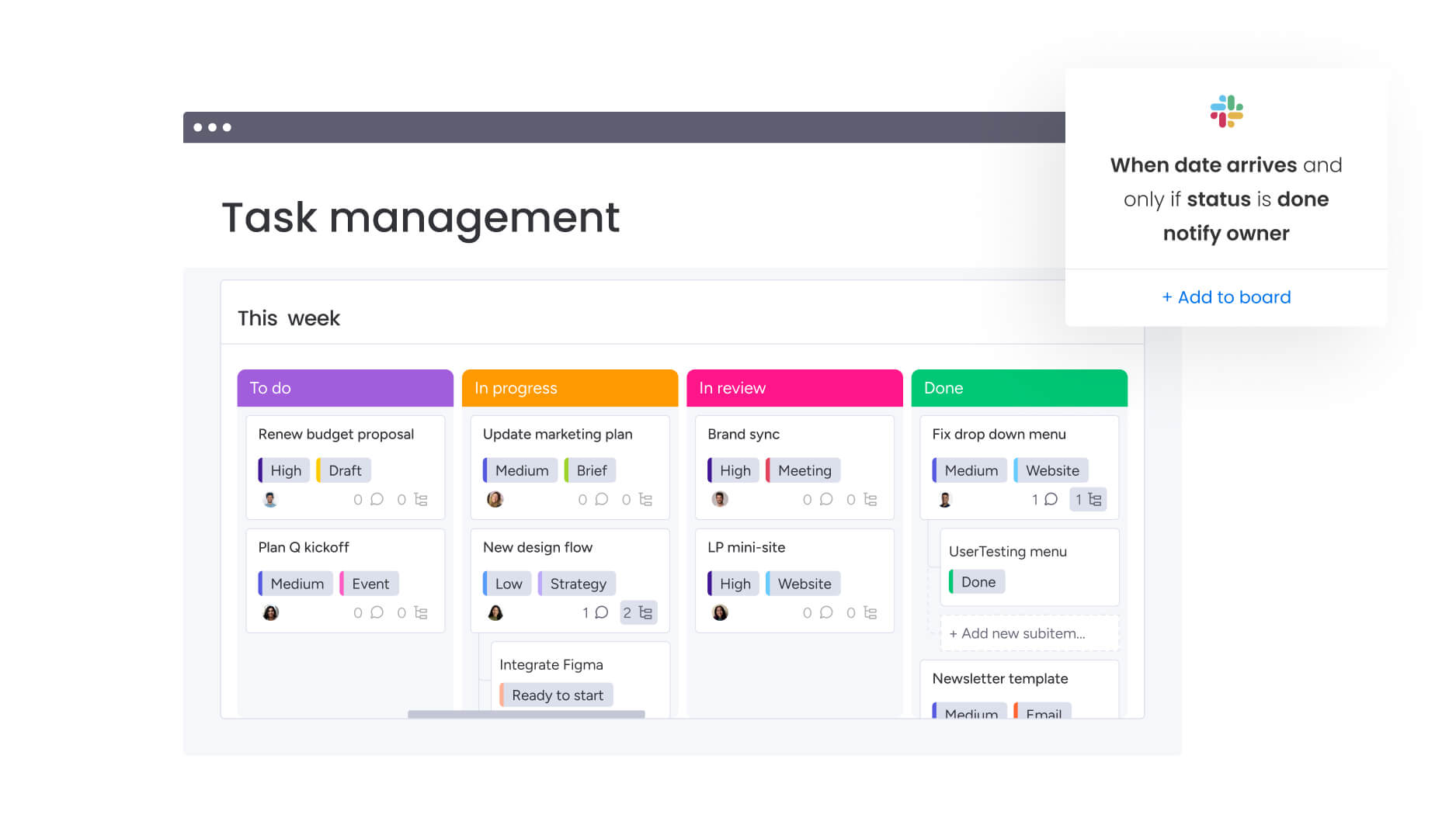 A Kanban project management board is divided into columns representing different stages of work and tasks move across the board as the project progresses.