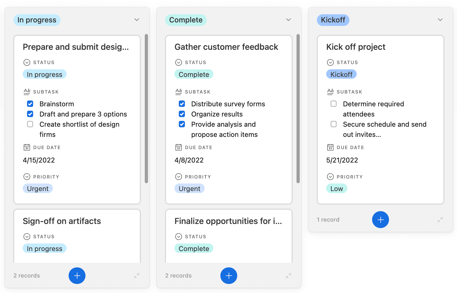 Airtable task and subtask Kanban board