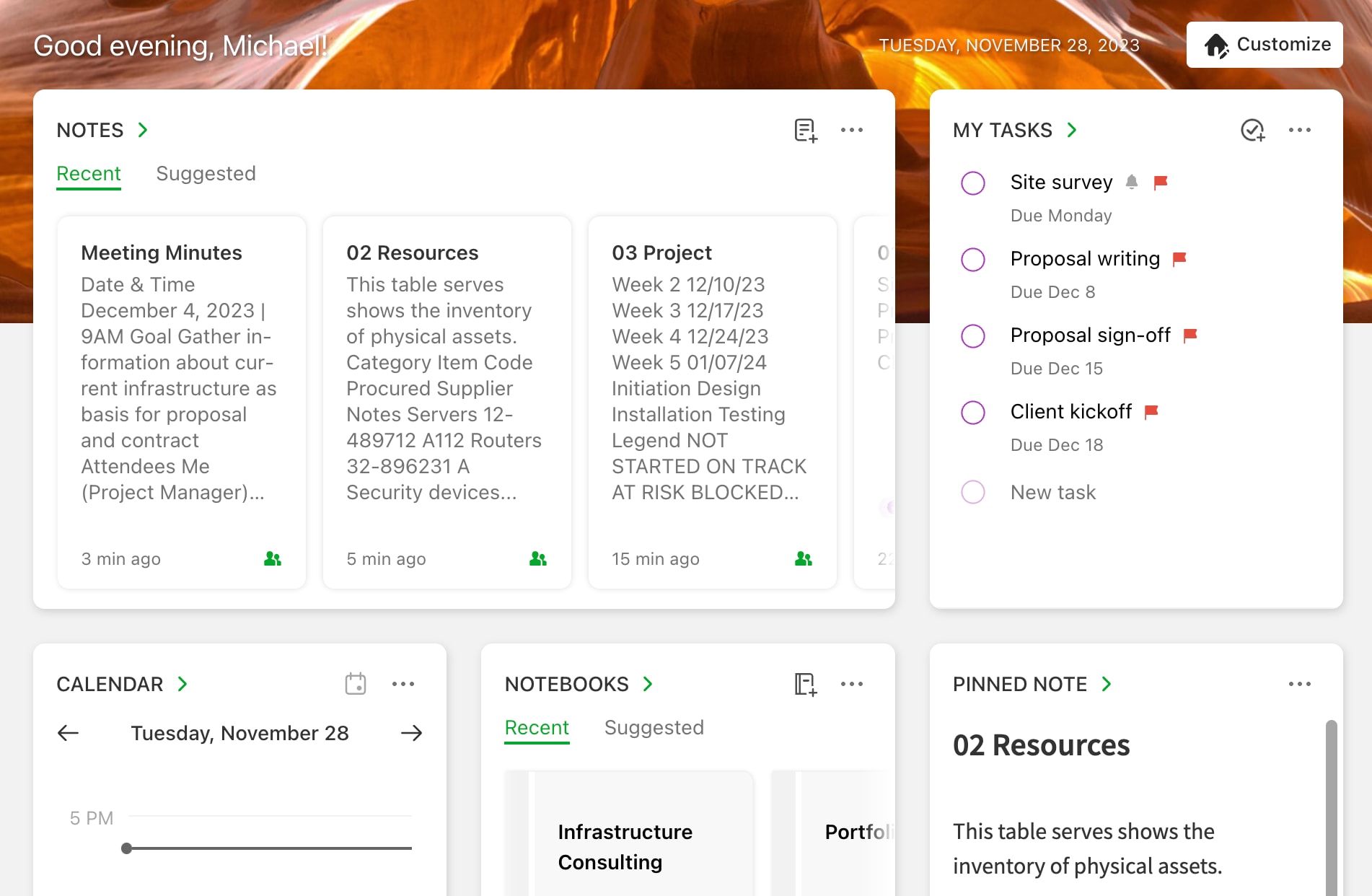 Evernote dashboard with tasks