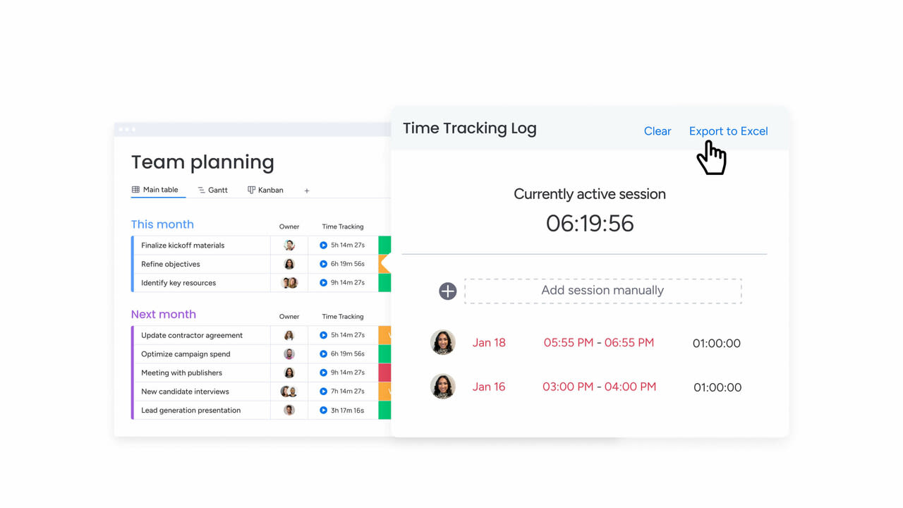 An example of monday work management's time tracking feature as a Trello alternative. Shows user using a time tracking log to track active sessions.