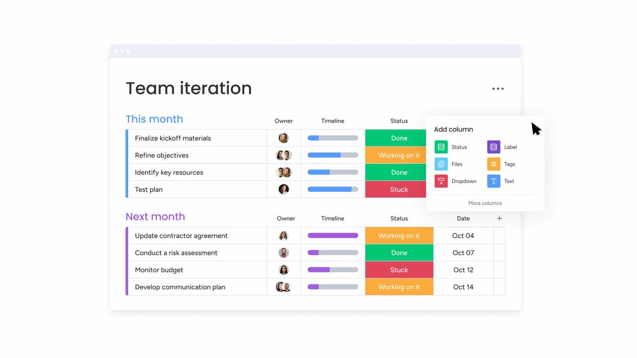 monday work management team iteration board with customizable workflows as a Trello alternative.