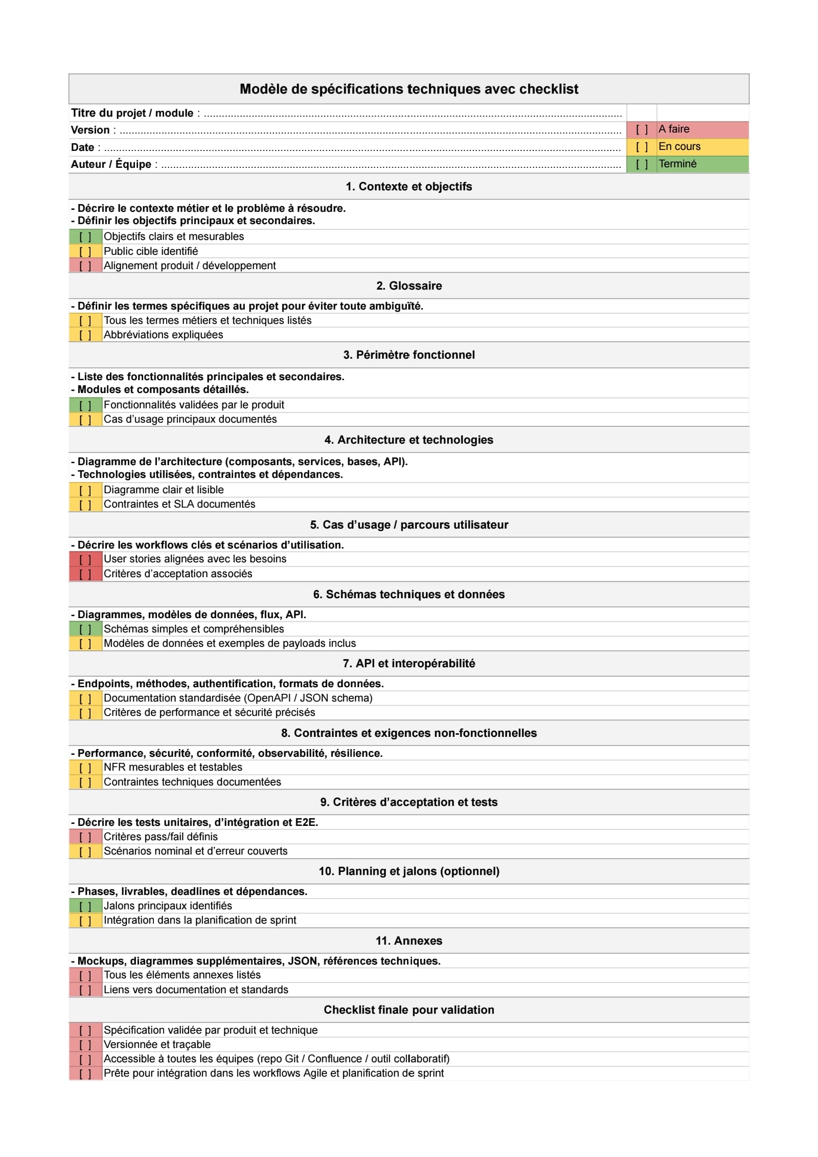 Modèle gratuit de dossier de spécification technique Excel vierge par monday dev
