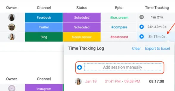Track how much time is spent on individual tasks via the automatic Time Tracking Column on monday.com
