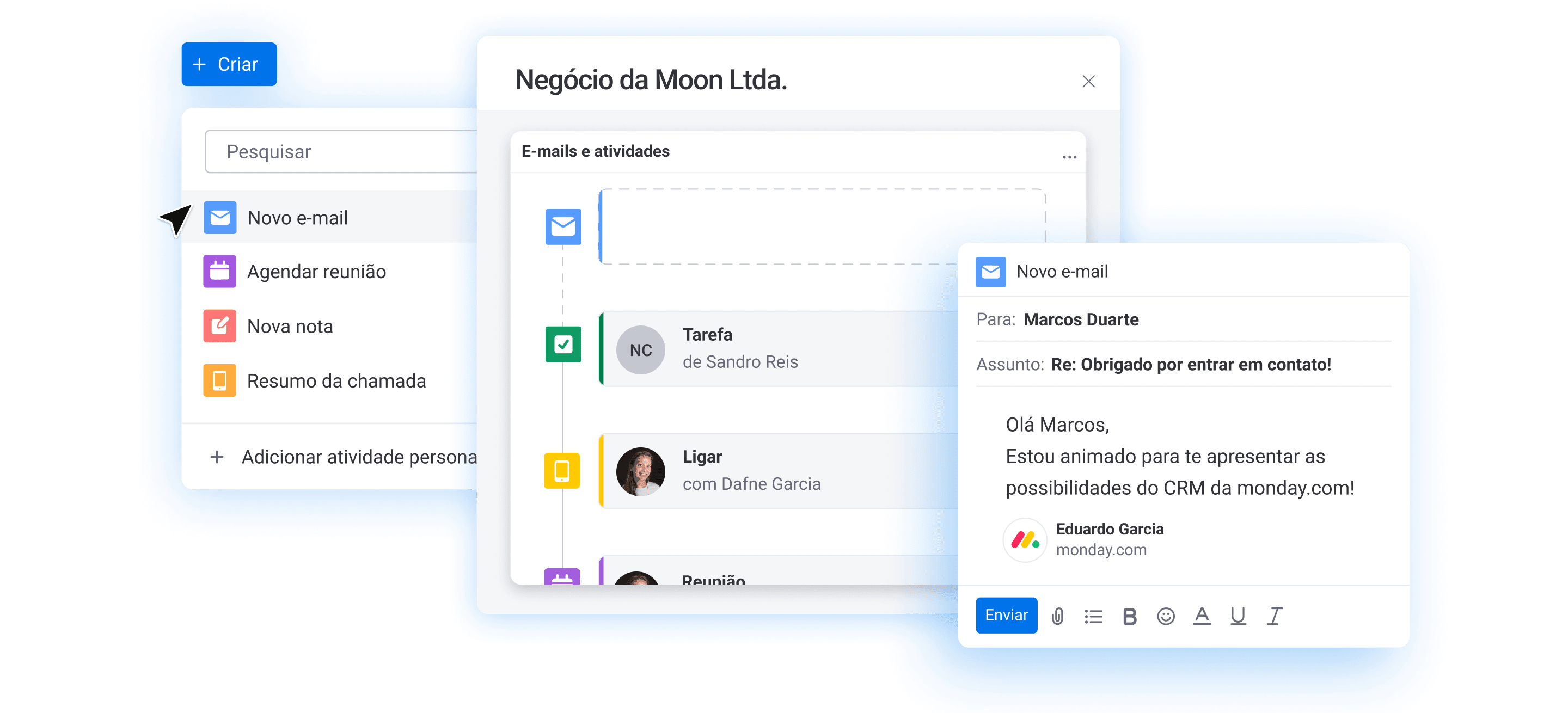 Automação de emails no monday CRM