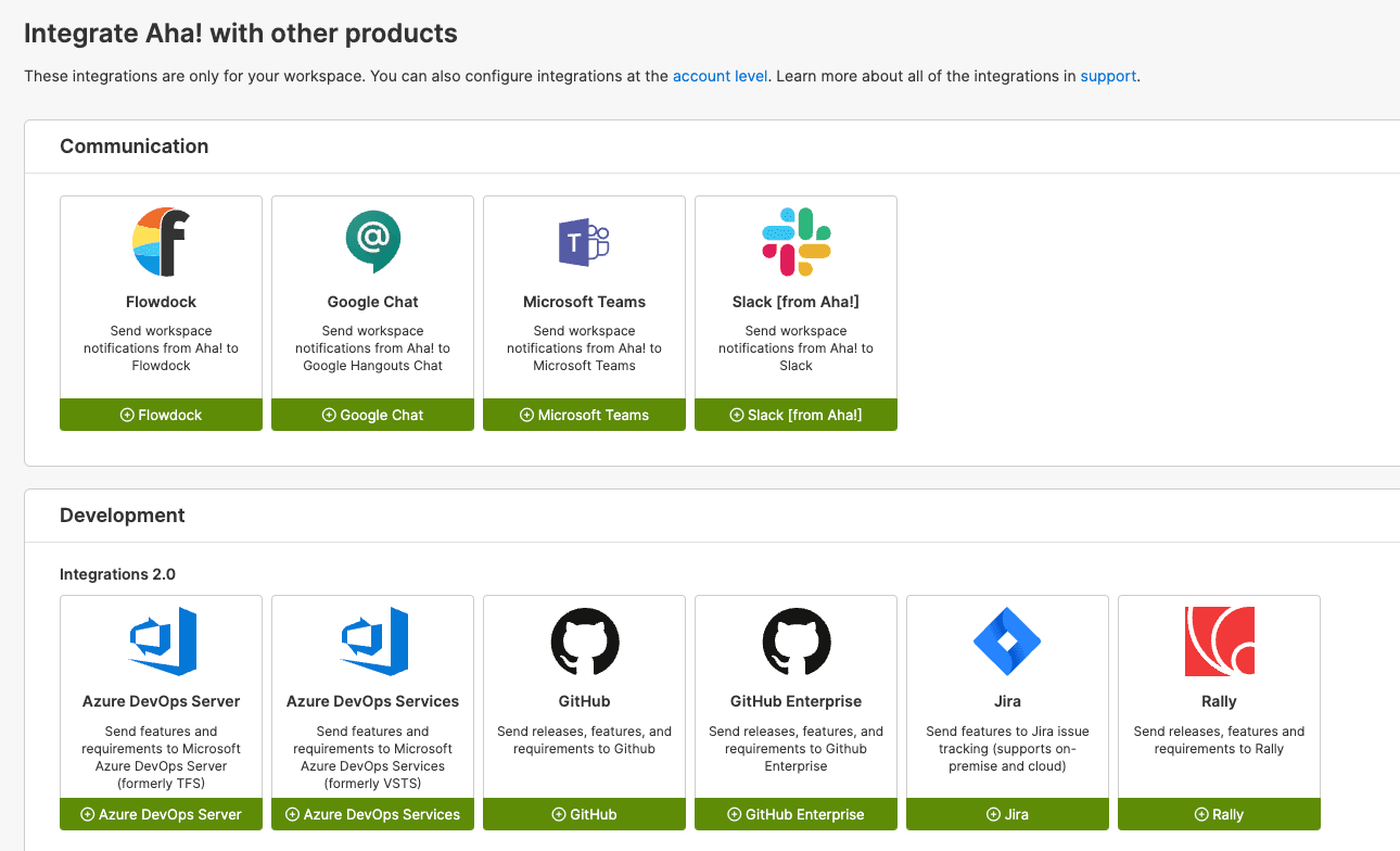 Aha! supports 65+ native integrations, emphasizing seamless collaboration across product strategy, development, and delivery.