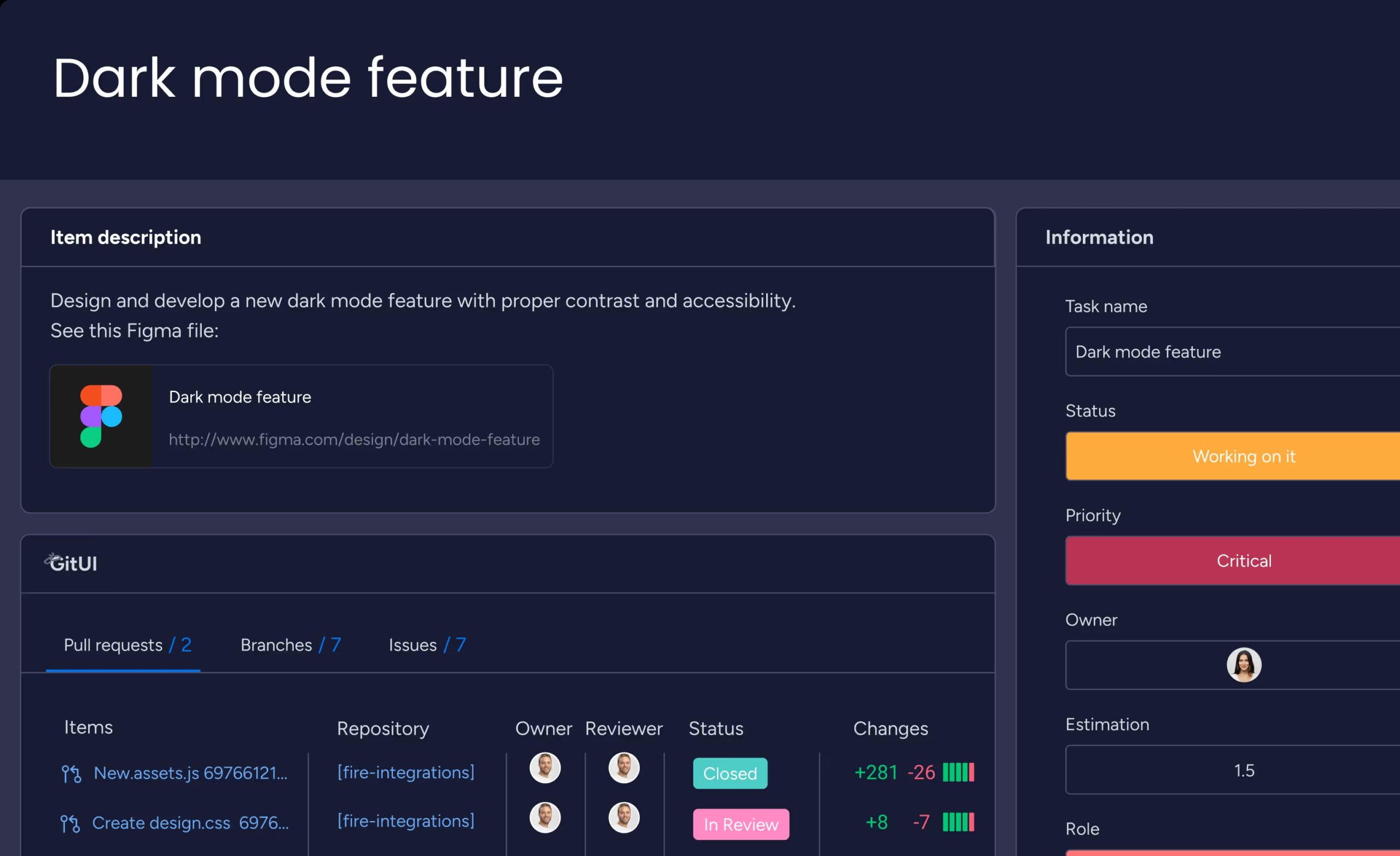 Integrate monday dev with other tools and apps — like Figma and GitHub — to centralize information and streamline workflows.