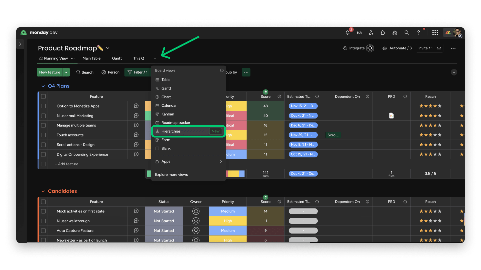 Use the Hierarchy view to visualize relationships from high-level initiatives to detailed tasks, all without switching contexts.