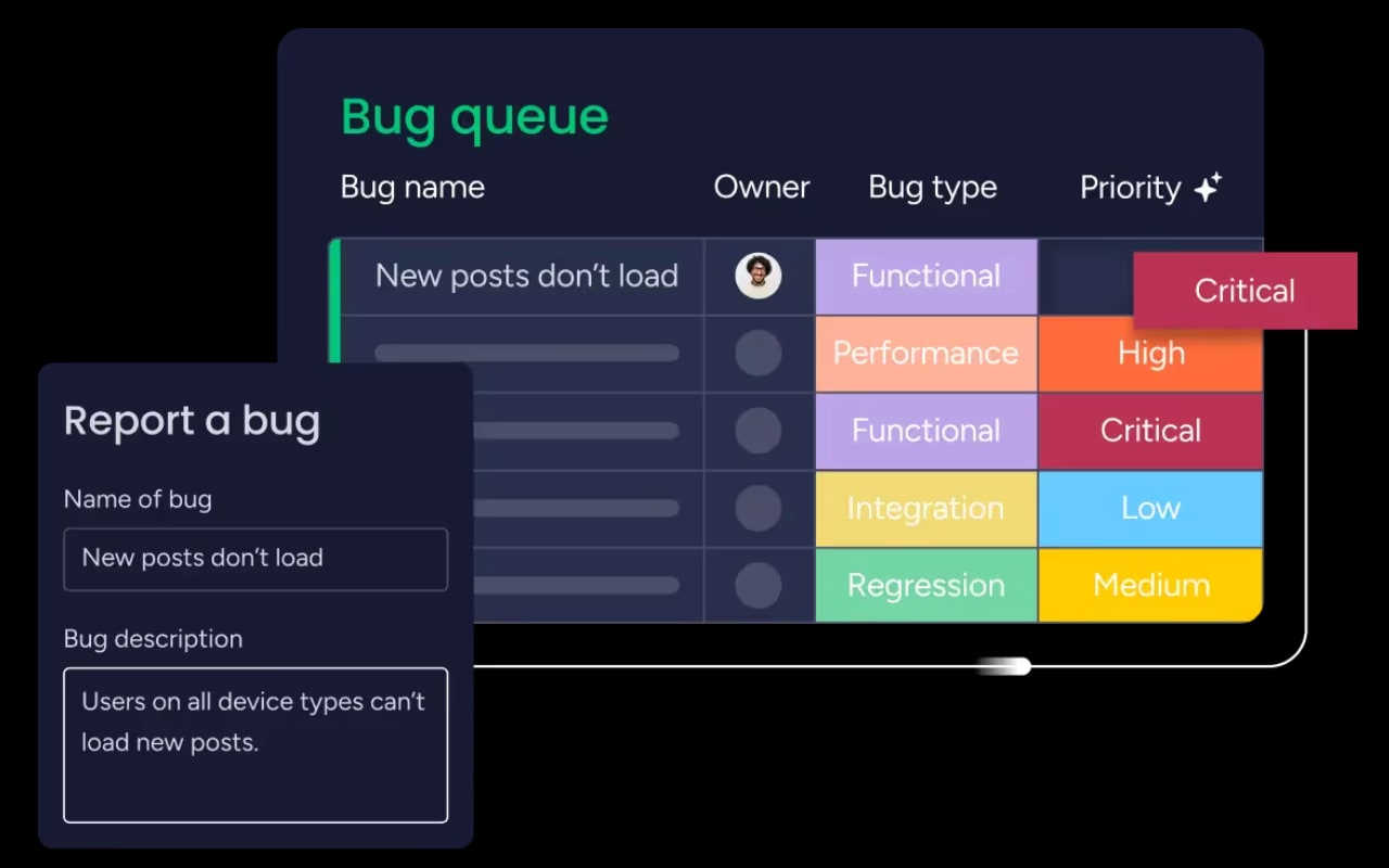 With monday dev's ready-made AI actions, like categorizing, summarizing, or extracting info from bug reports, teams can automate manual tasks, prioritize urgent issues, and surface actionable insights to resolve bugs faster and focus on what matters most.
