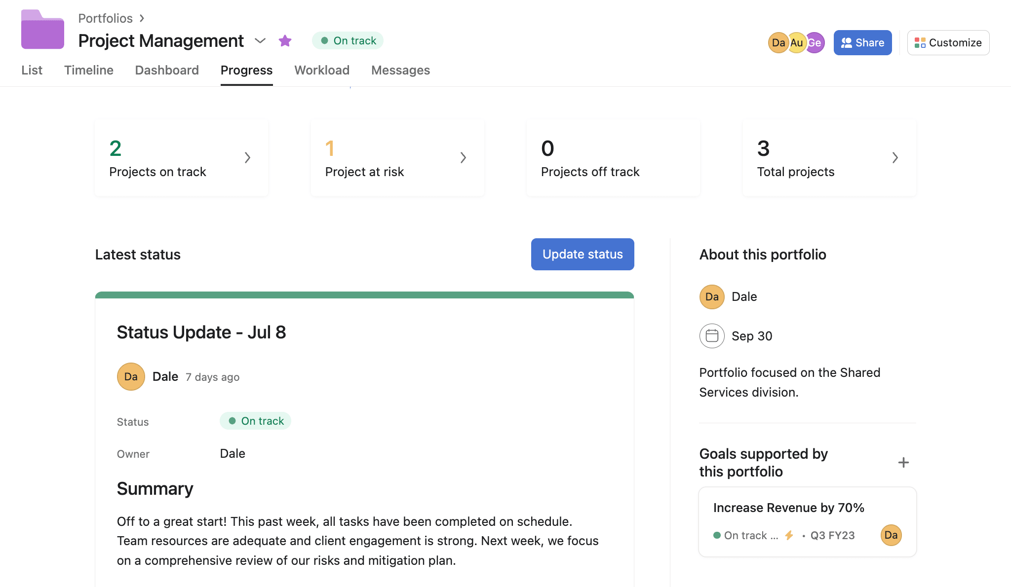asana project progress view