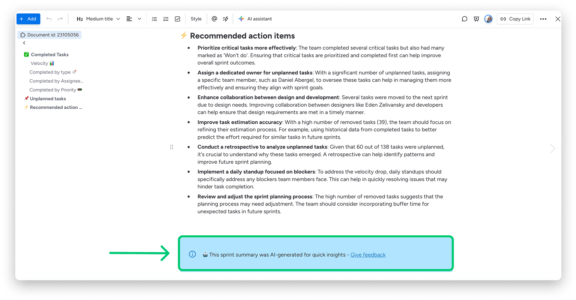 AI-generated executive summaries — Let AI analyze your sprint's performance and extract actionable insights and recommendations.
