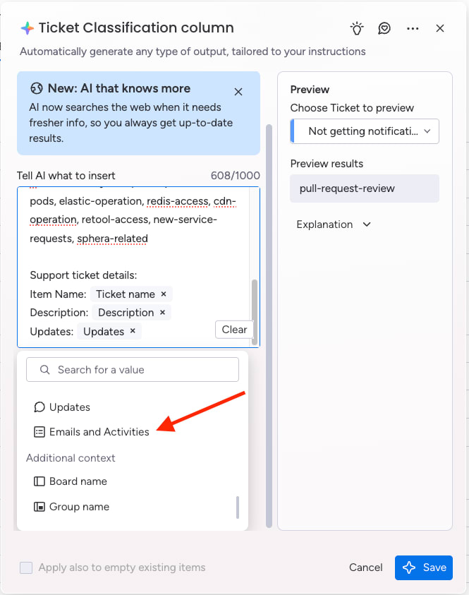 A screenshot of how AI block ticket classification works