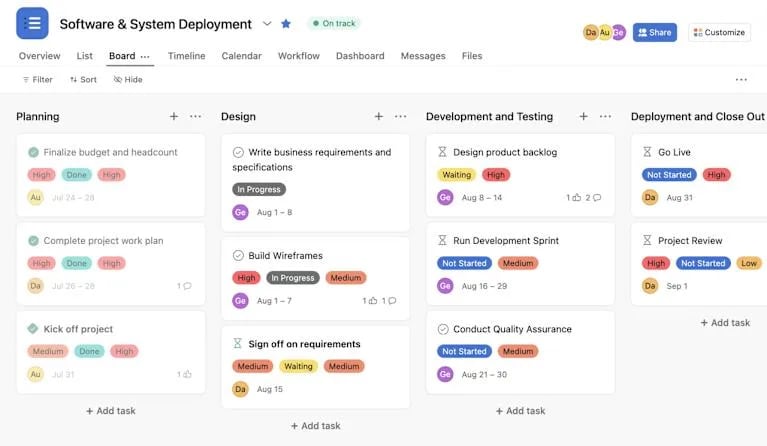 비즈니스를 위한 최고의 AI 도구 예시: Asana 인터페이스