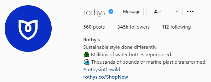 웹사이트 링크와 상세한 소개가 포함된 Rothy’s 인스타그램 프로필 화면