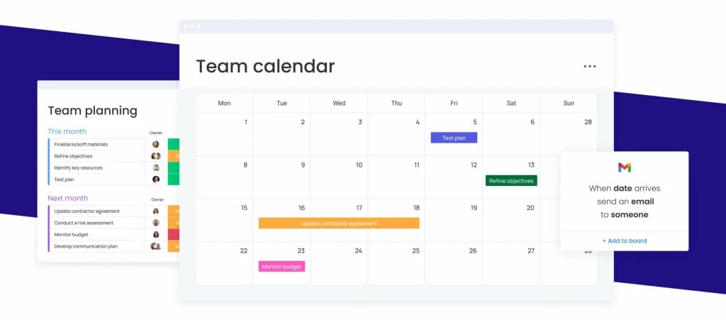 タスクやアクティビティを日付単位で整理し、月間・週間カレンダーの形式で確認できる。