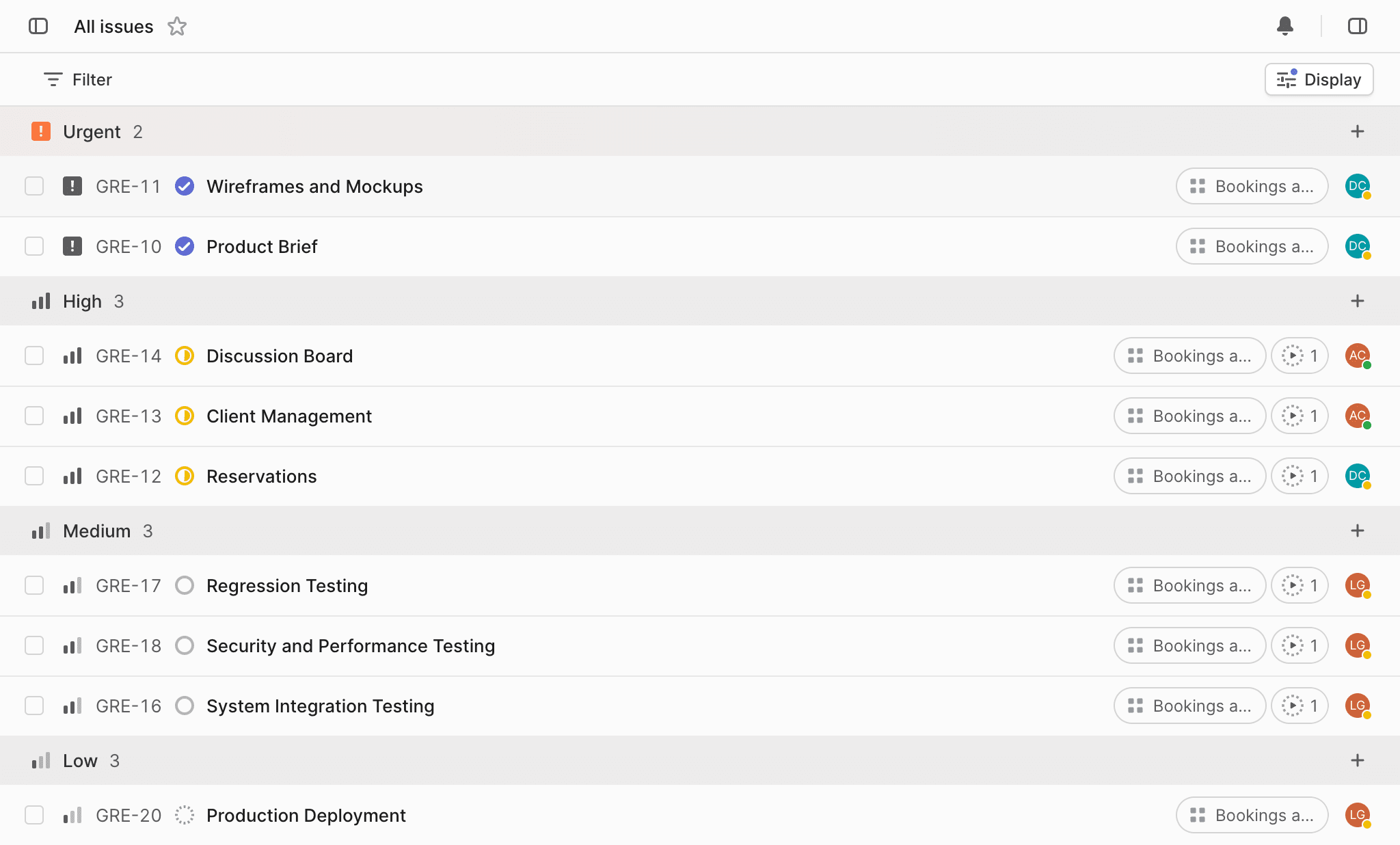 Issue tracking list in Linear grouped by priority