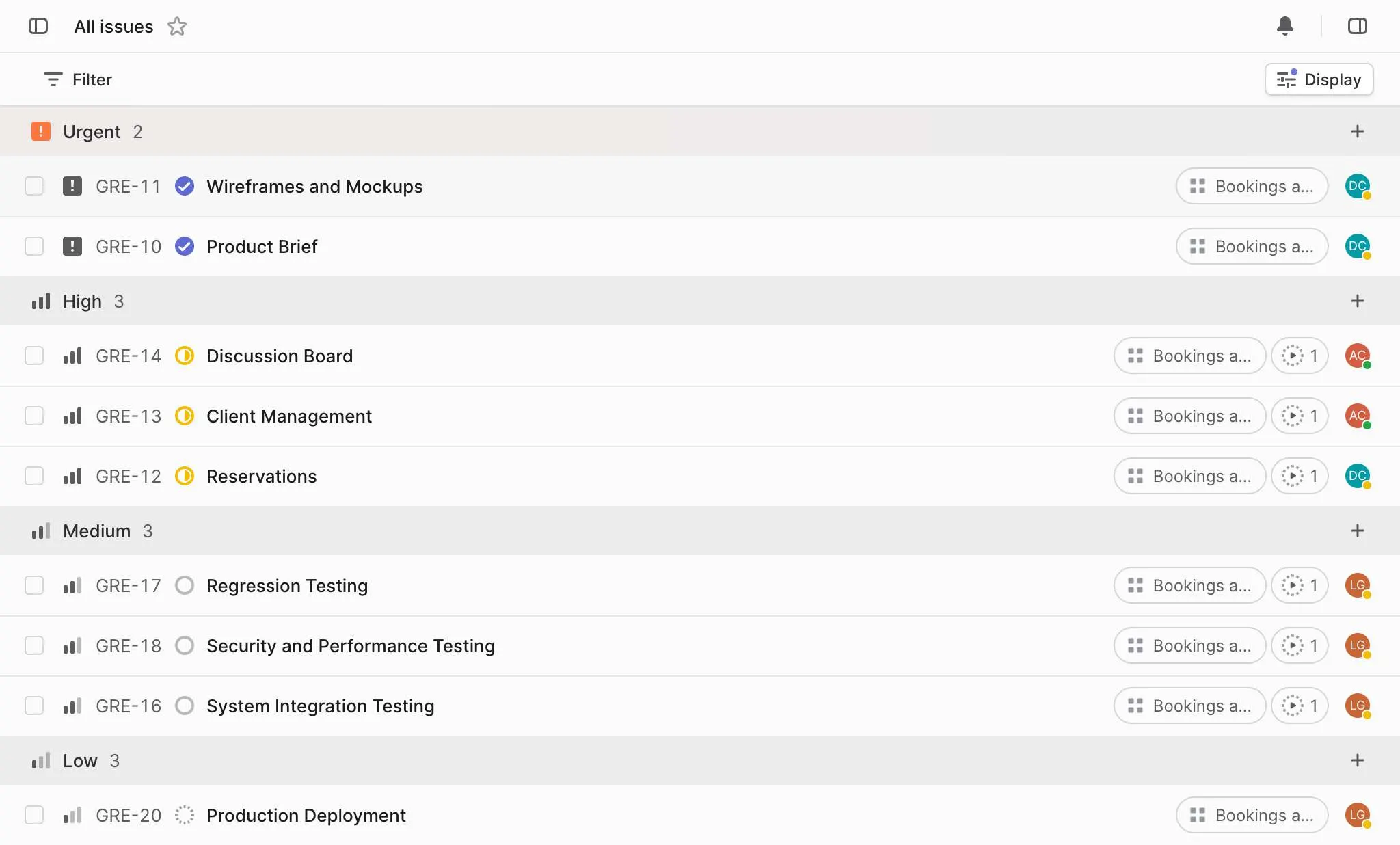 우선순위별로 그룹화된 리니어 이슈 추적 목록