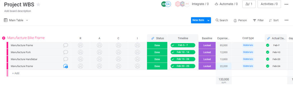 먼데이 UI에서의 프로젝트 WBS 계획 예시