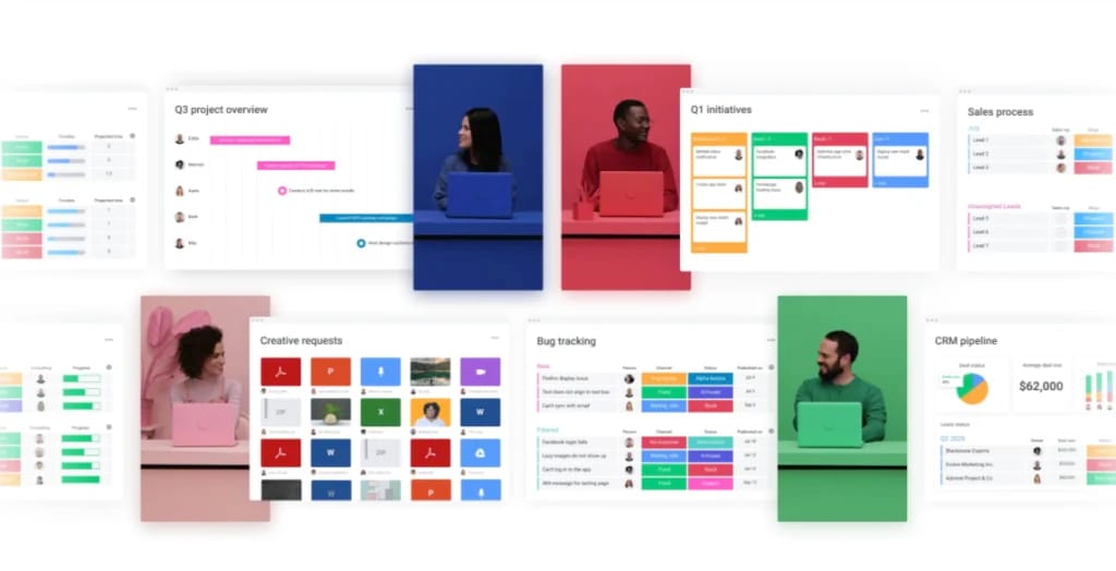 monday.com 대시보드에 둘러싸인 색상으로 구분된 직원들