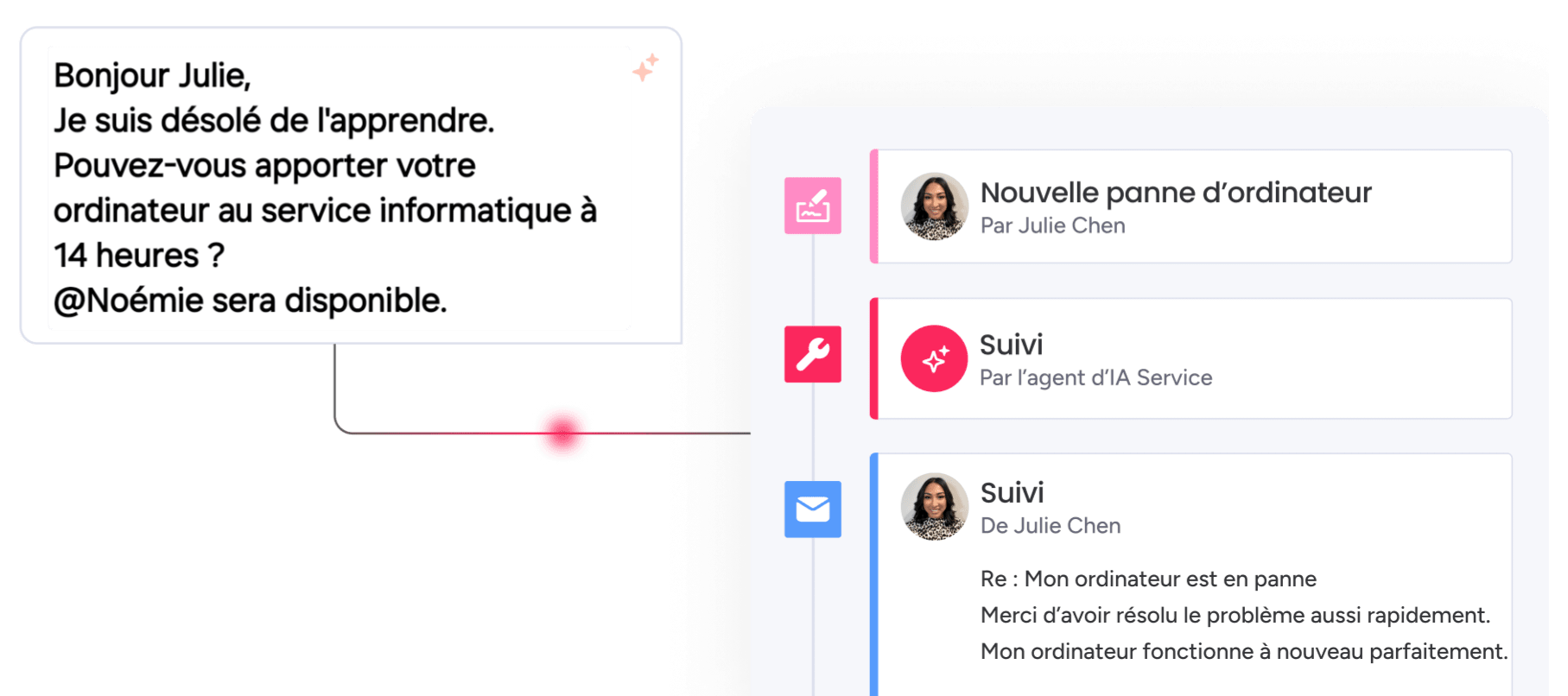 Alignez agents, équipes, employés et fournisseurs grâce aux réponses automatiques et aux relances programmées de monday service