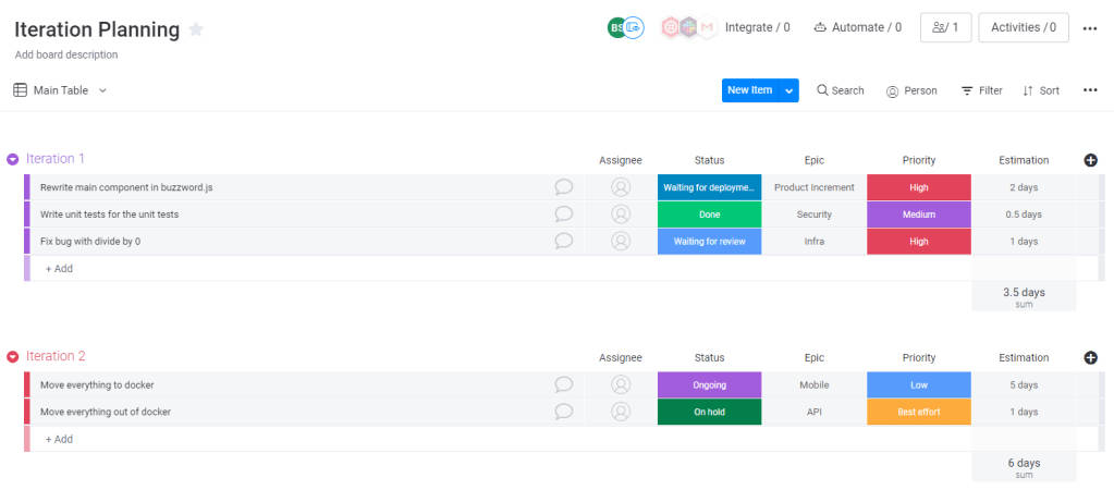 먼데이 인터페이스의 이터레이션 계획 템플릿