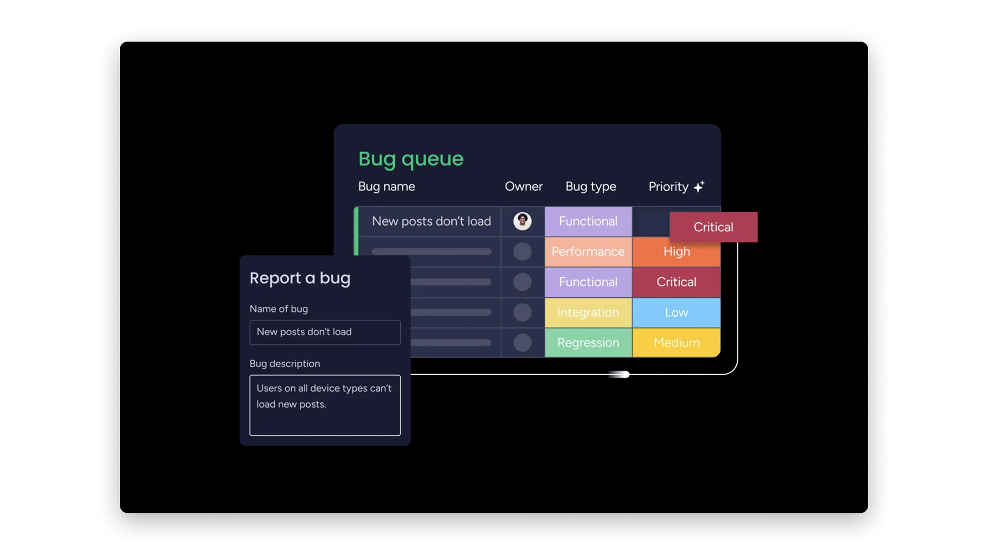 Example of monday dev's AI auto-triage bug scoring and assigning a critical priority