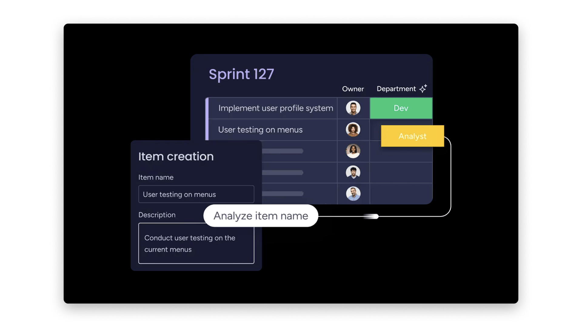 Example of monday dev AI automatically analyzing and assigning a task