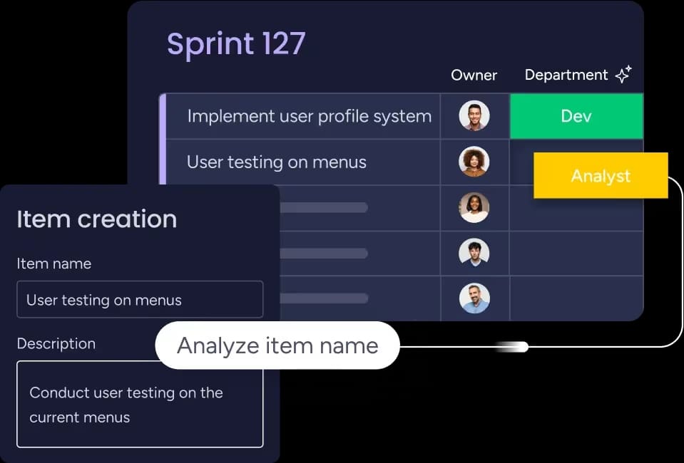 Built-in AI blocks automatically analyzing and assigning tasks to teams and individuals in monday dev.