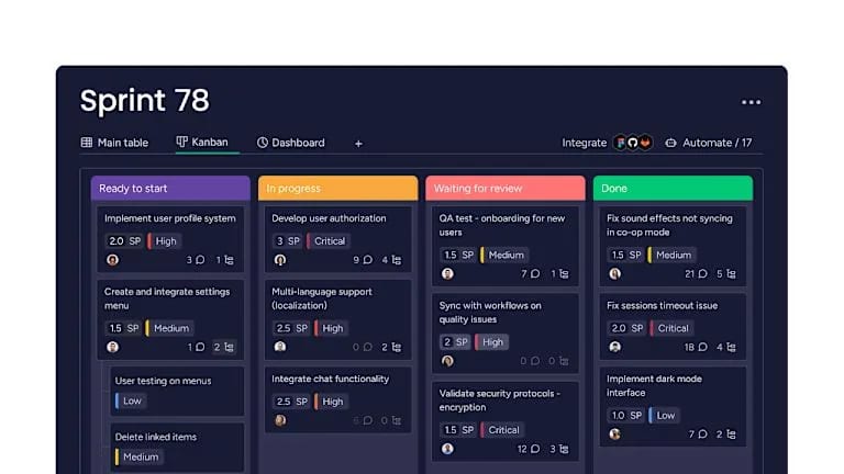 Example of kanban board view in monday dev