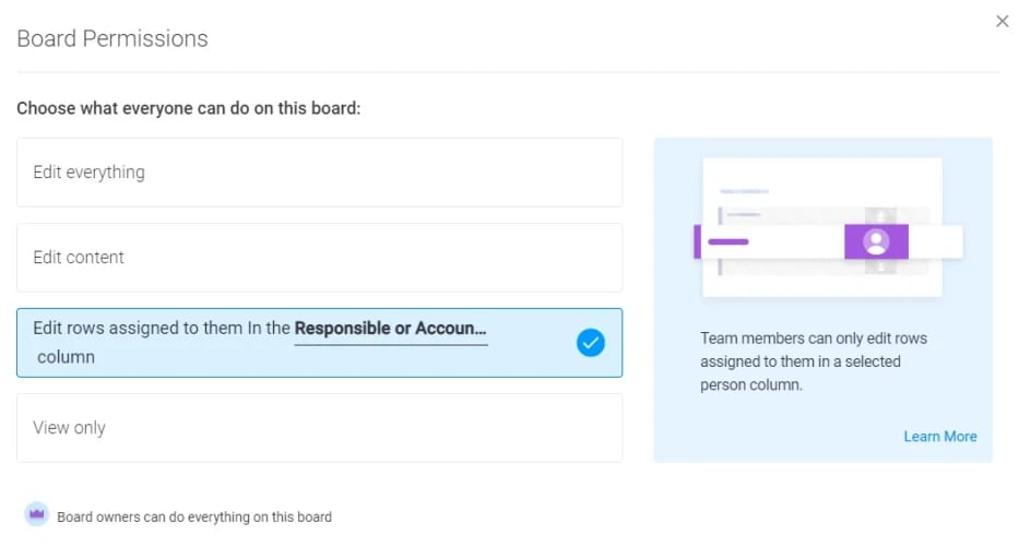 monday.com에서 보드 권한을 설정하는 화면 캡처