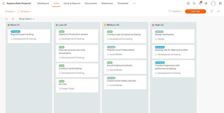 Zoho Bug Tracker에서의 이슈 추적 보드 예시