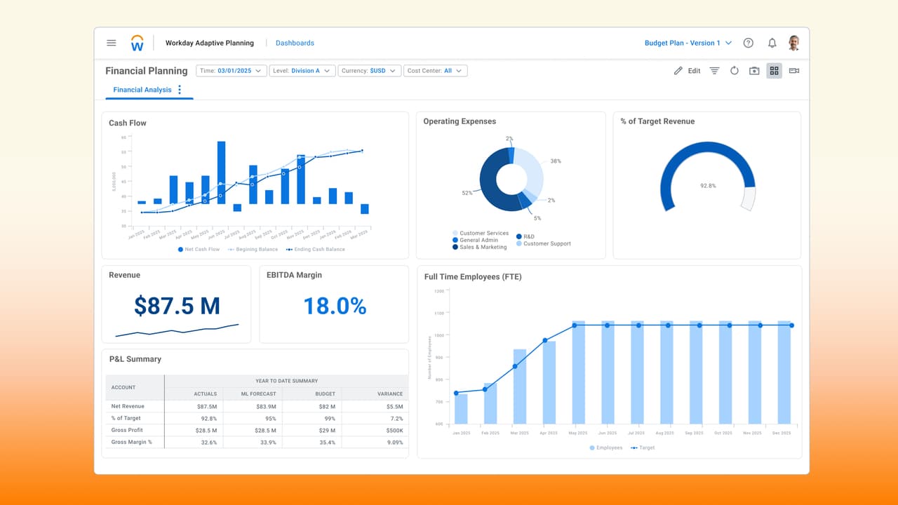 Workday Adaptive Planningの予実管理画面例。