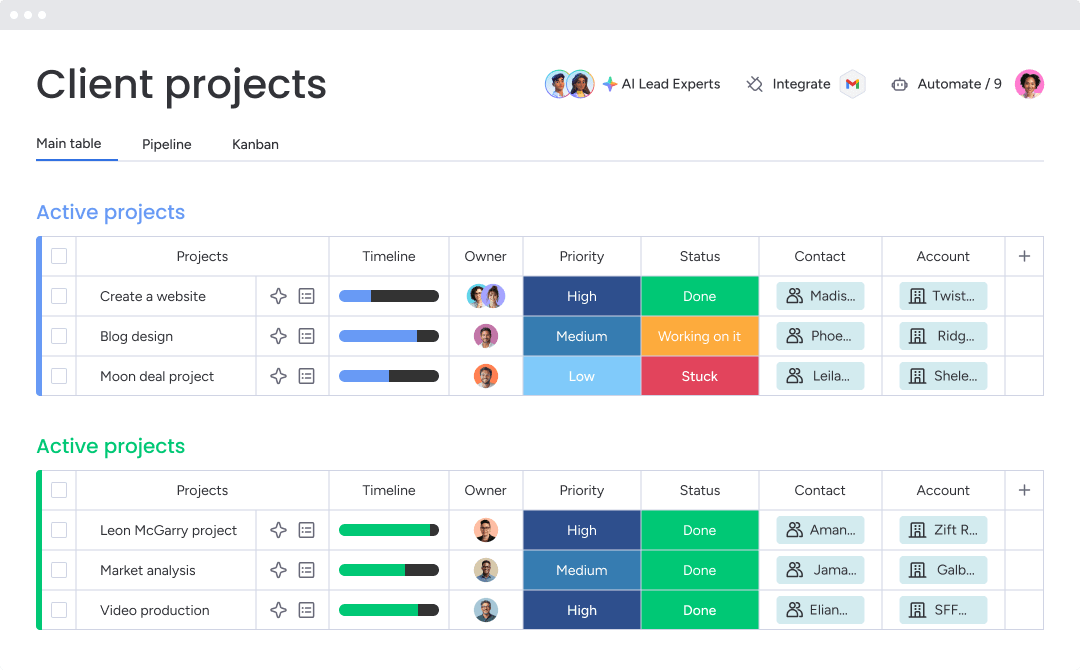 Client projects main board