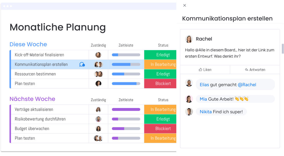 Abbildung monatliche Planung mit direkter Kommunikation in monday.