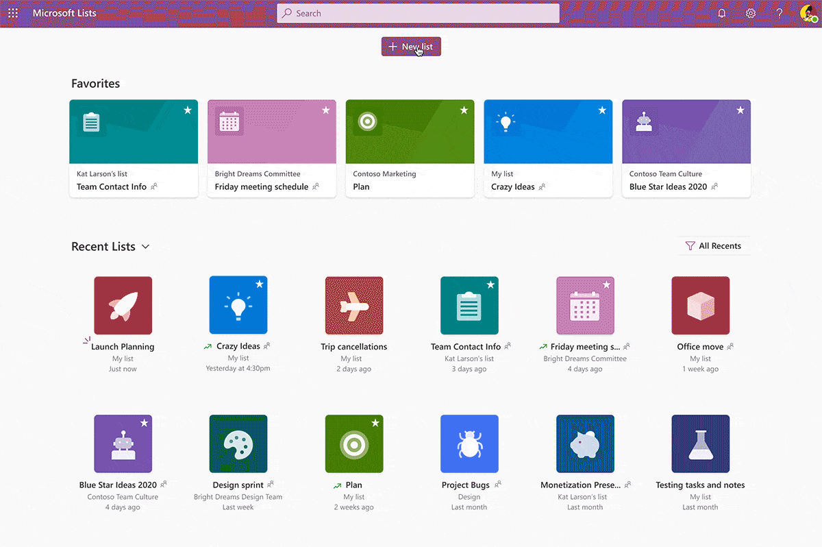 A snapshot of Microsoft Lists