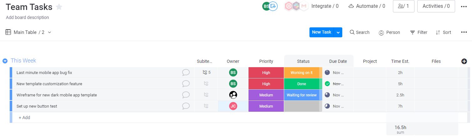 Screenshot of team tasks board in monday UI.