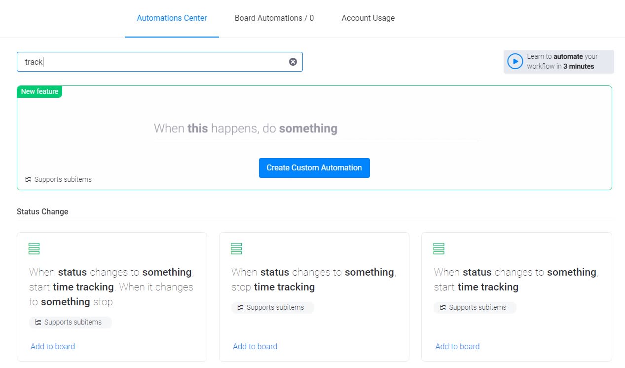 Screenshot of monday time tracking-related automations.