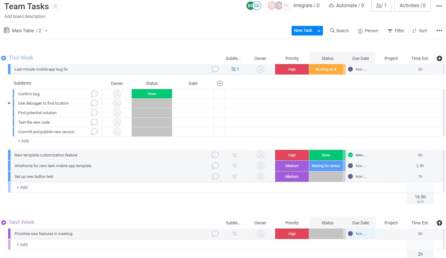 Screenshot of a team tasks board.