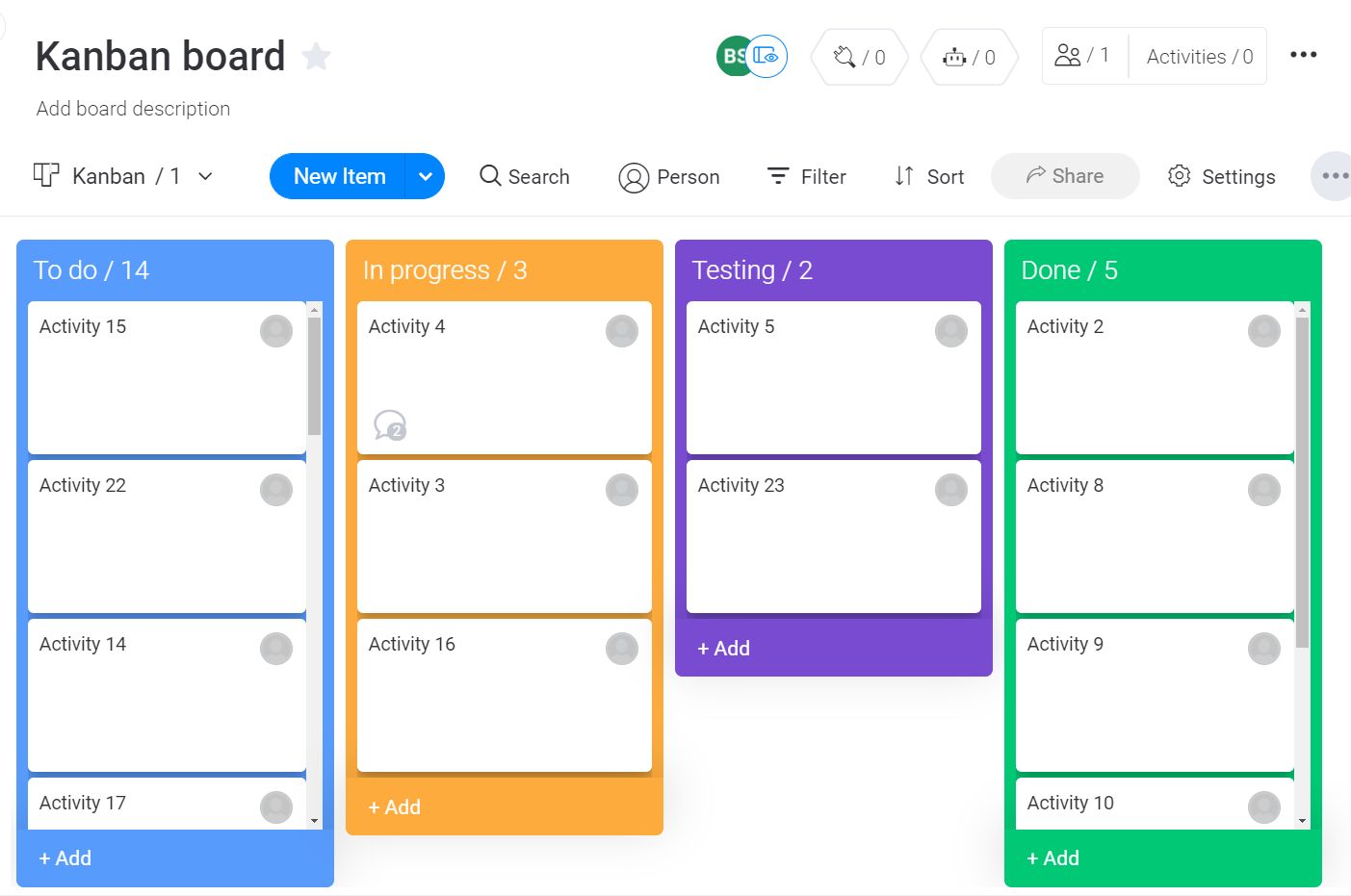 Screenshot of Kanban board template in use in monday UI.