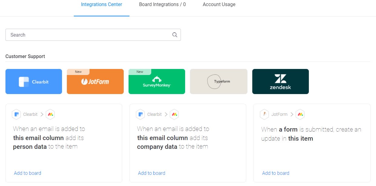 Screenshot of monday customer support integrations.