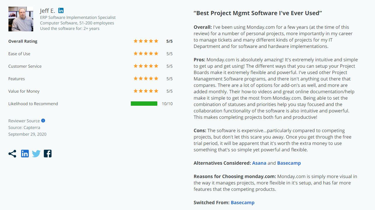 Screenshot of real monday review.