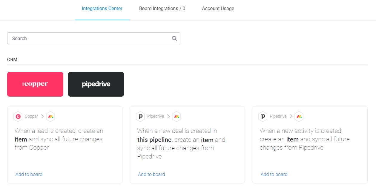 Screenshot of monday CRM integrations.