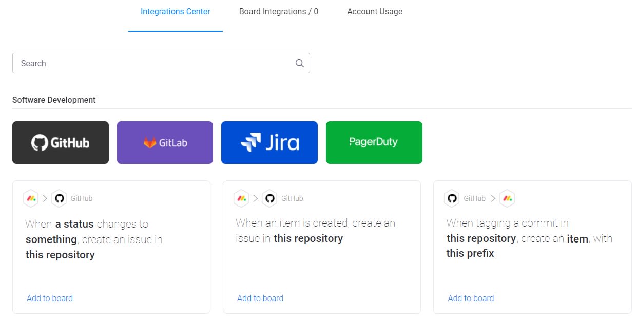 Screenshot of monday software development integrations.