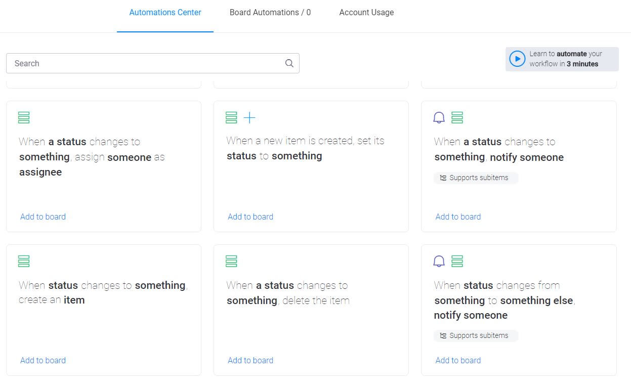 Screenshot of monday status change-related automations.