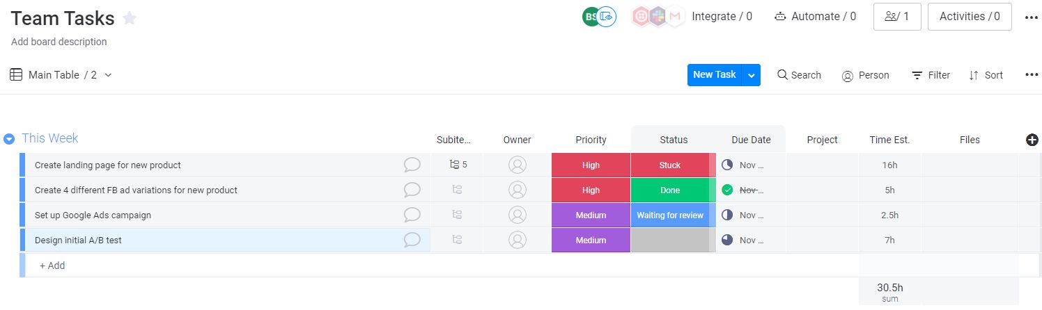 Screenshot of a team tasks board in monday UI.